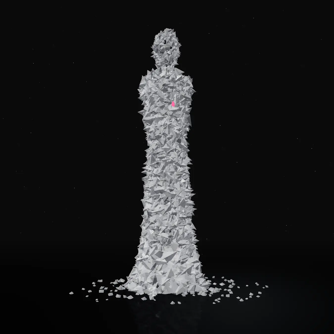 a tall figure made of salt crystals, standing on a wet mirror.